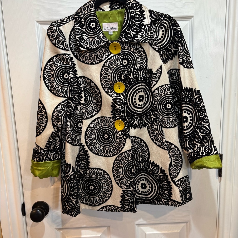 3 Sisters Black and White Patterned Coat with Green Lining